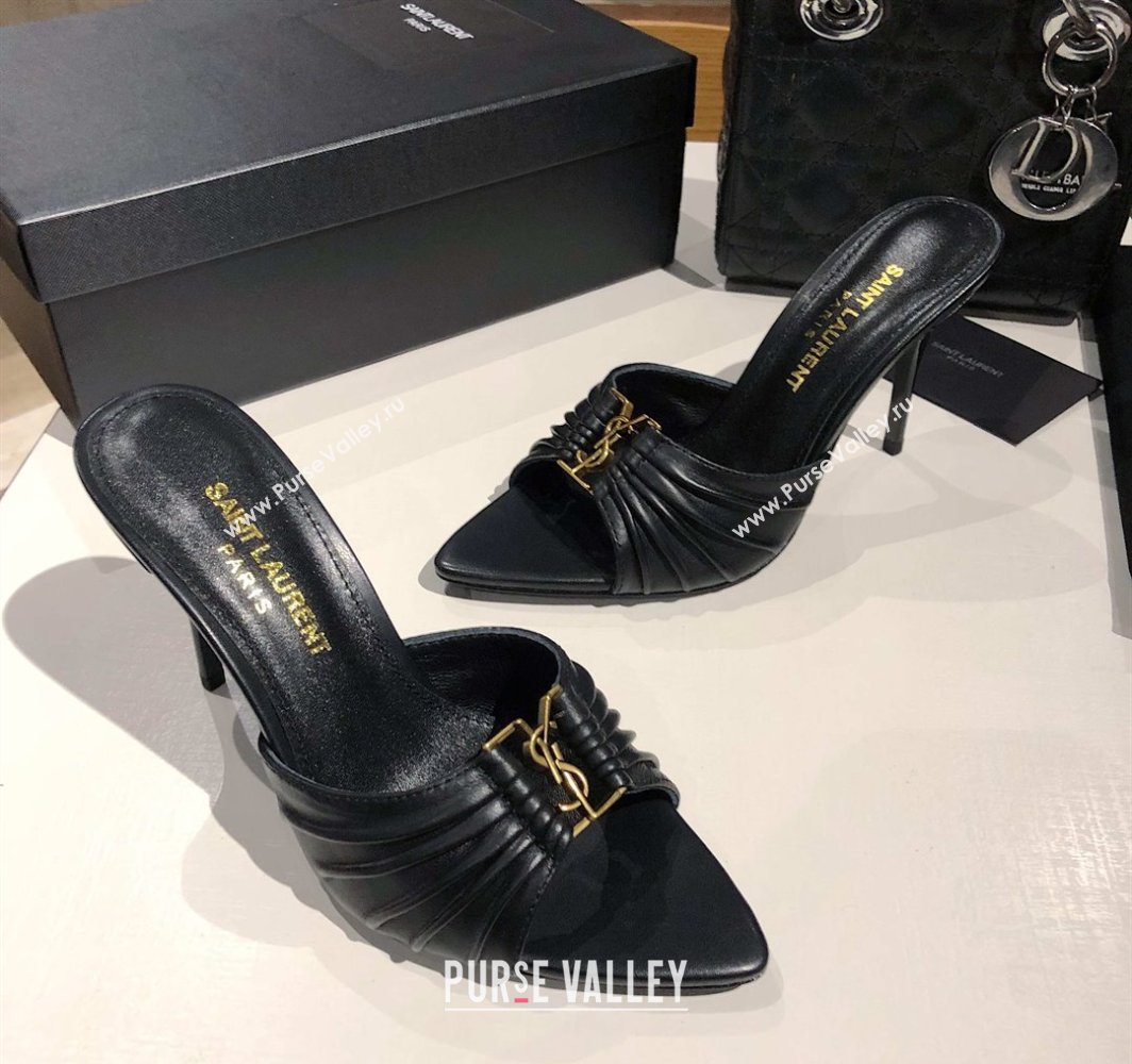 Saint Laurent Babylone Heel Slides Sandal 10.5cm in Calf Leather with Framed YSL Black 2025 (MD-250424009)