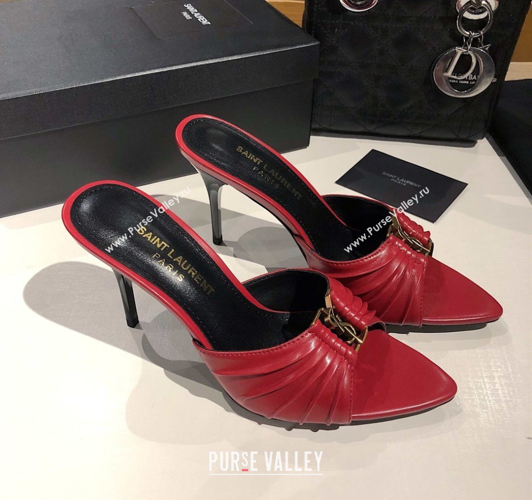 Saint Laurent Babylone Heel Slides Sandal 10.5cm in Calf Leather with Framed YSL Red 2025 (MD-250424010)