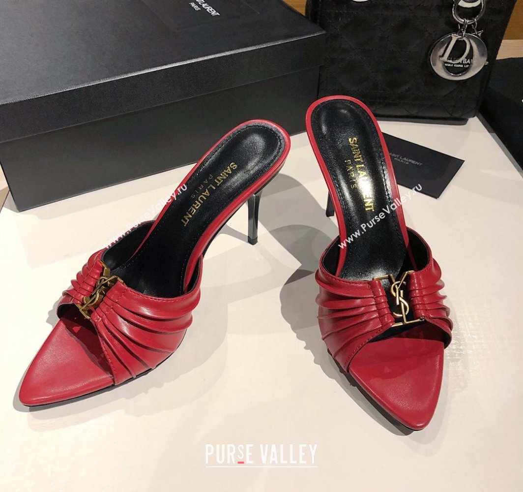 Saint Laurent Babylone Heel Slides Sandal 10.5cm in Calf Leather with Framed YSL Red 2025 (MD-250424010)