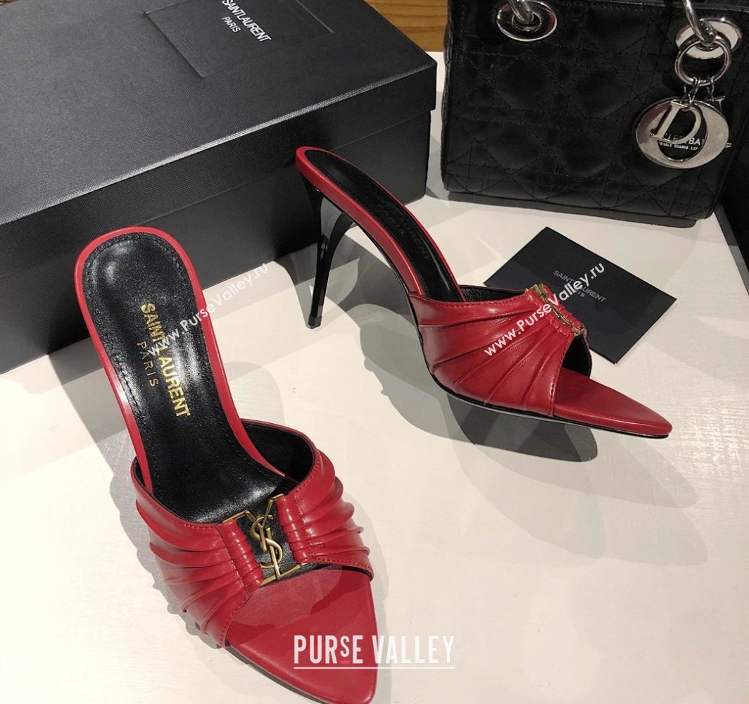 Saint Laurent Babylone Heel Slides Sandal 10.5cm in Calf Leather with Framed YSL Red 2025 (MD-250424010)