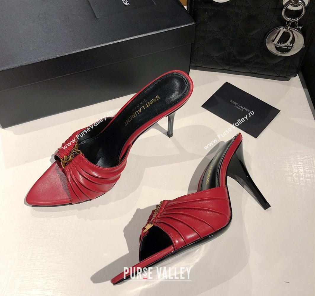 Saint Laurent Babylone Heel Slides Sandal 10.5cm in Calf Leather with Framed YSL Red 2025 (MD-250424010)