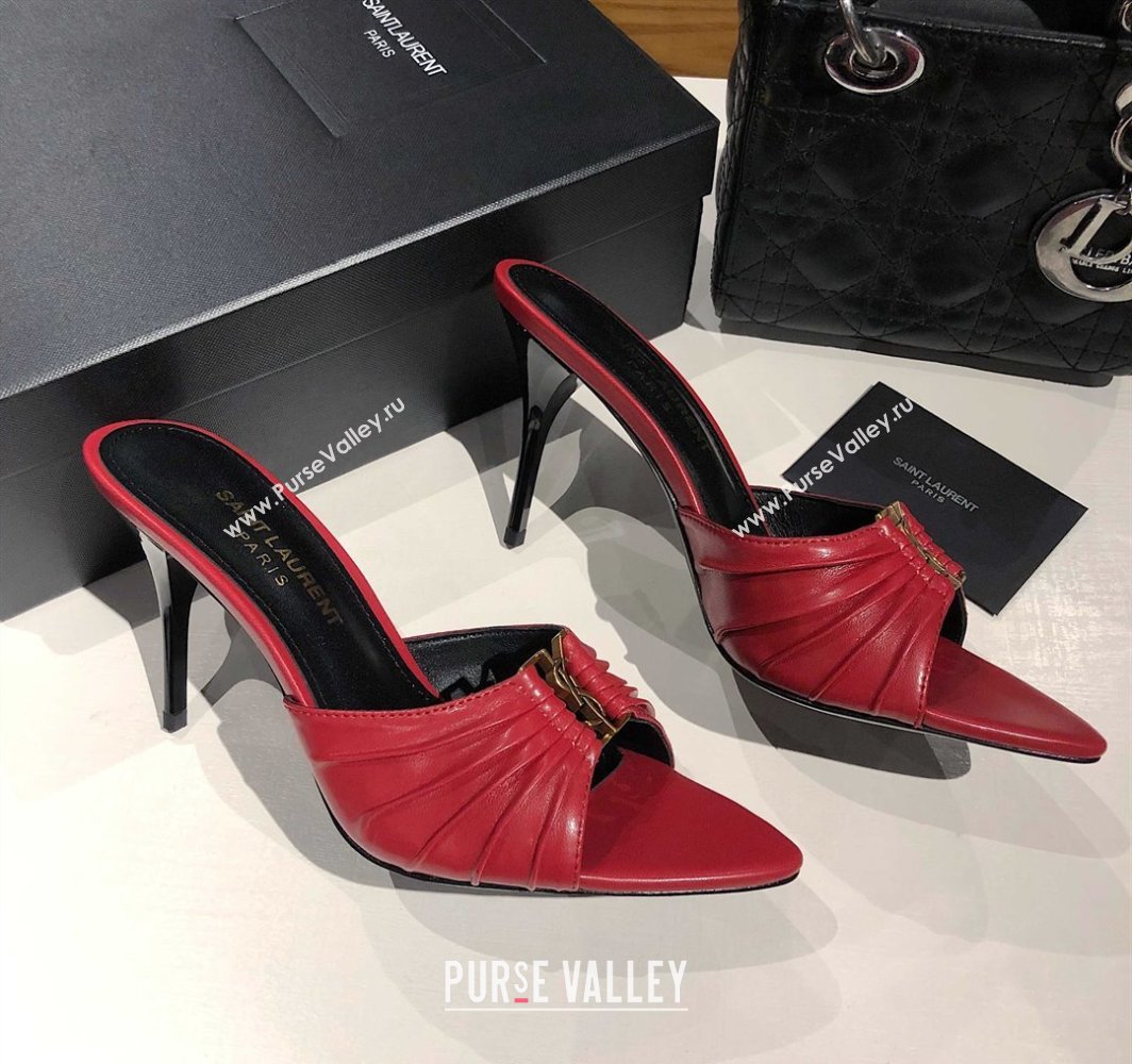 Saint Laurent Babylone Heel Slides Sandal 10.5cm in Calf Leather with Framed YSL Red 2025 (MD-250424010)