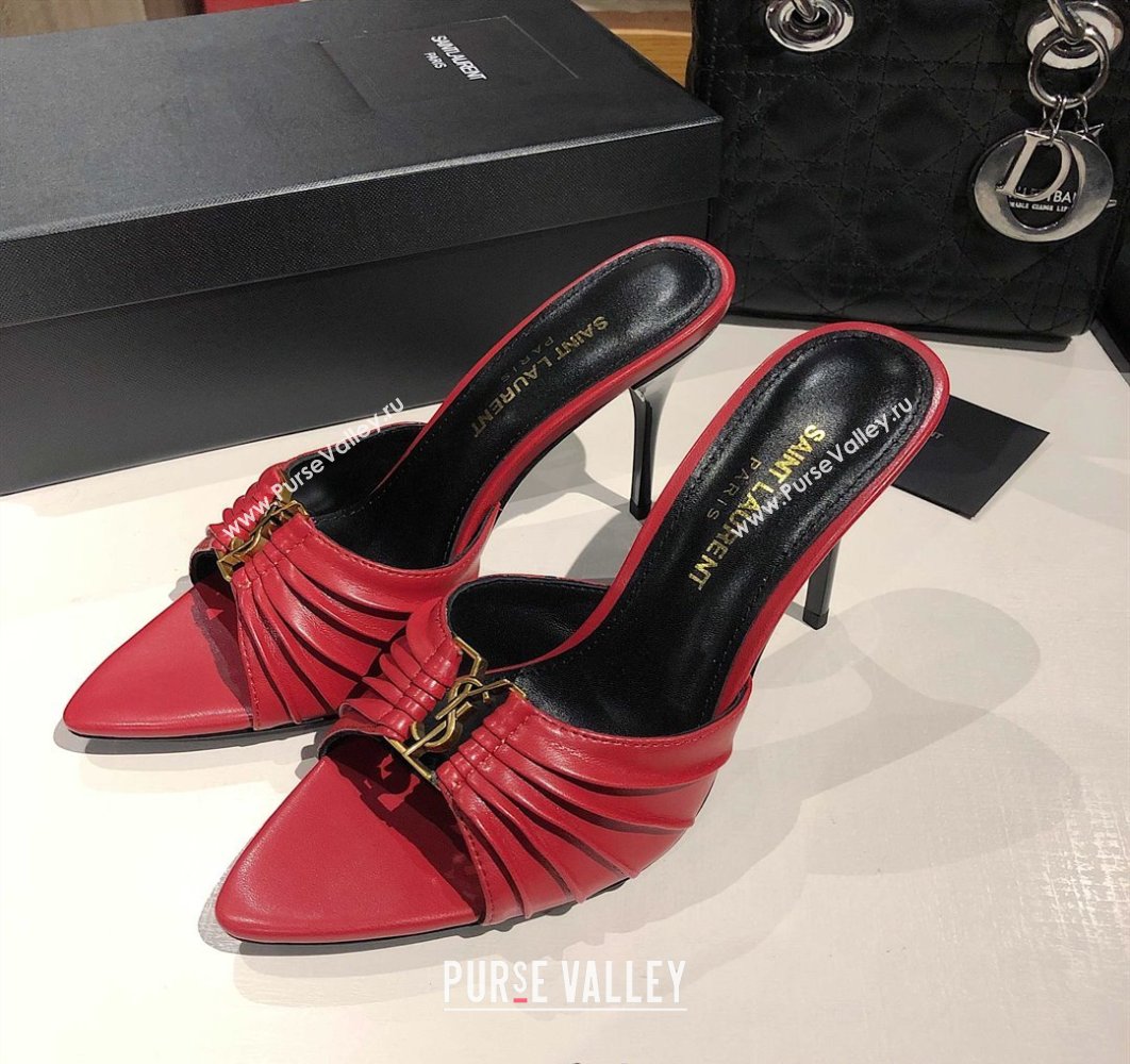 Saint Laurent Babylone Heel Slides Sandal 10.5cm in Calf Leather with Framed YSL Red 2025 (MD-250424010)