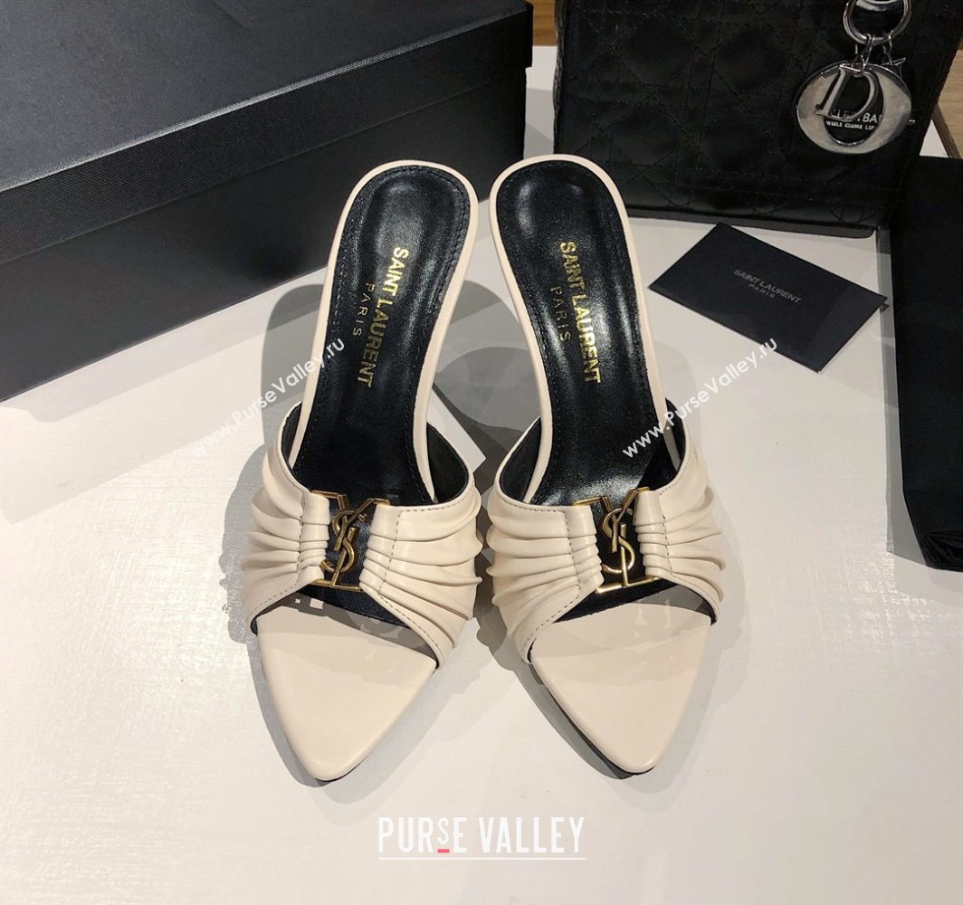 Saint Laurent Babylone Heel Slides Sandal 10.5cm in Calf Leather with Framed YSL Cream White 2025 (MD-250424011)
