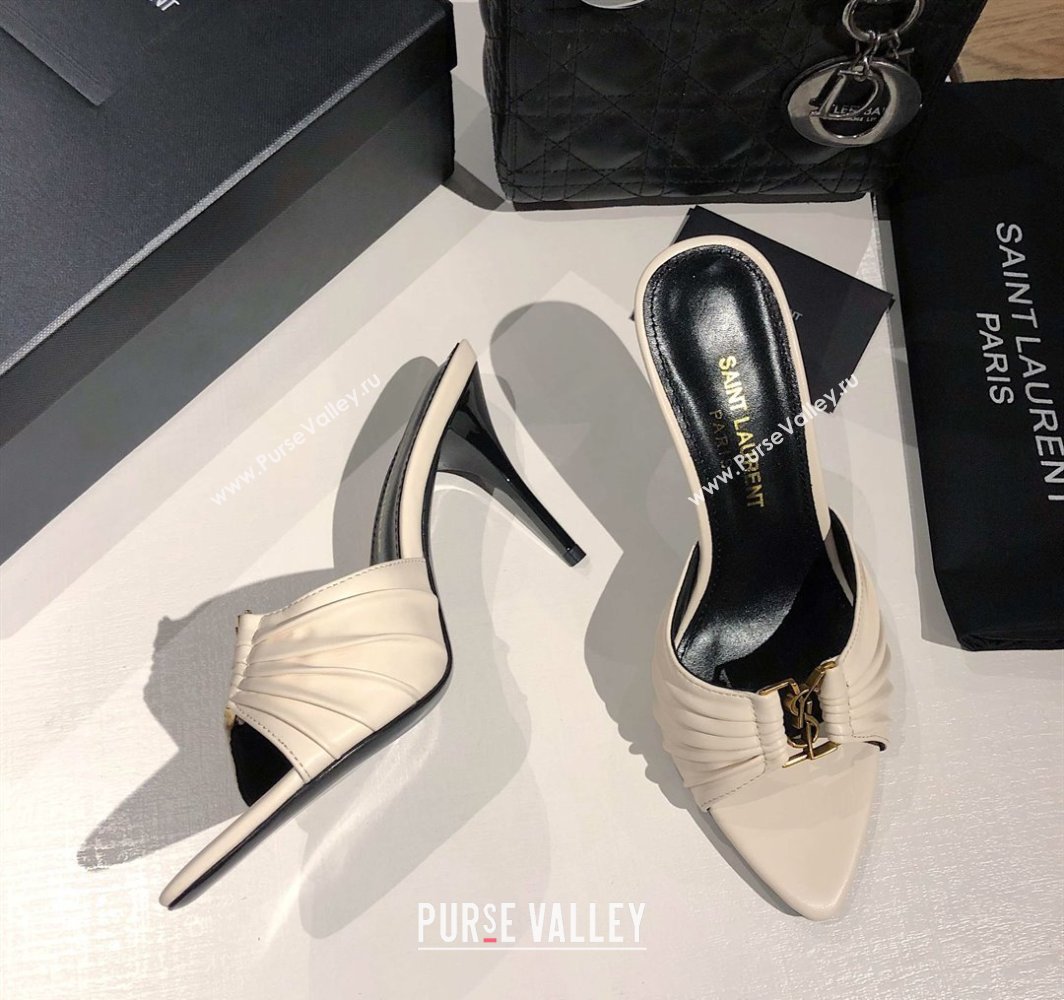 Saint Laurent Babylone Heel Slides Sandal 10.5cm in Calf Leather with Framed YSL Cream White 2025 (MD-250424011)