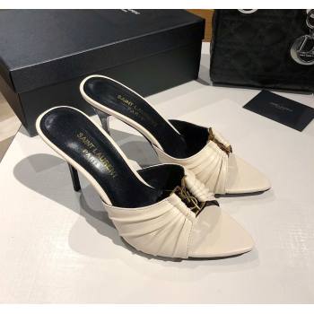 Saint Laurent Babylone Heel Slides Sandal 10.5cm in Calf Leather with Framed YSL Cream White 2025 (MD-250424011)