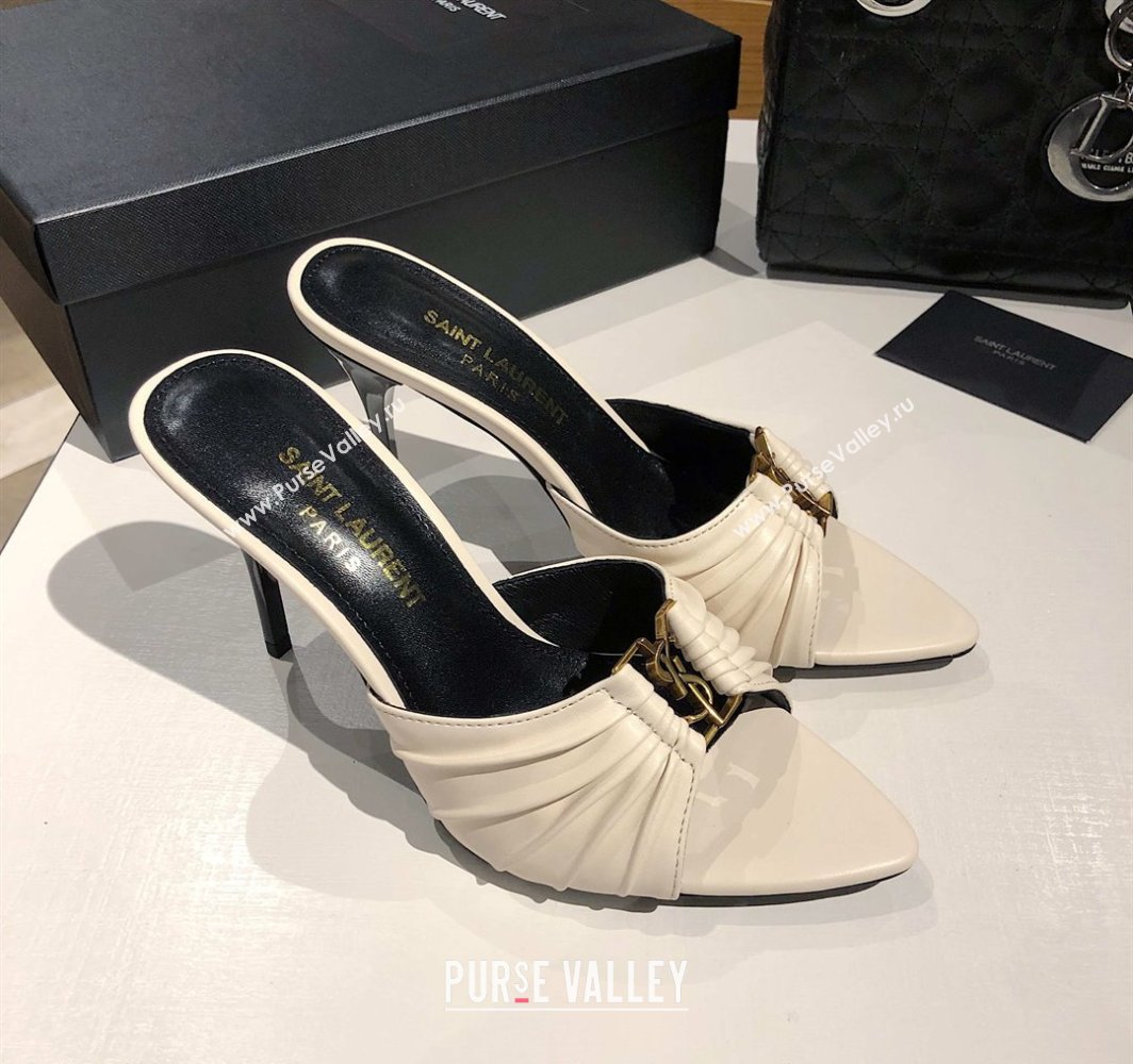 Saint Laurent Babylone Heel Slides Sandal 10.5cm in Calf Leather with Framed YSL Cream White 2025 (MD-250424011)