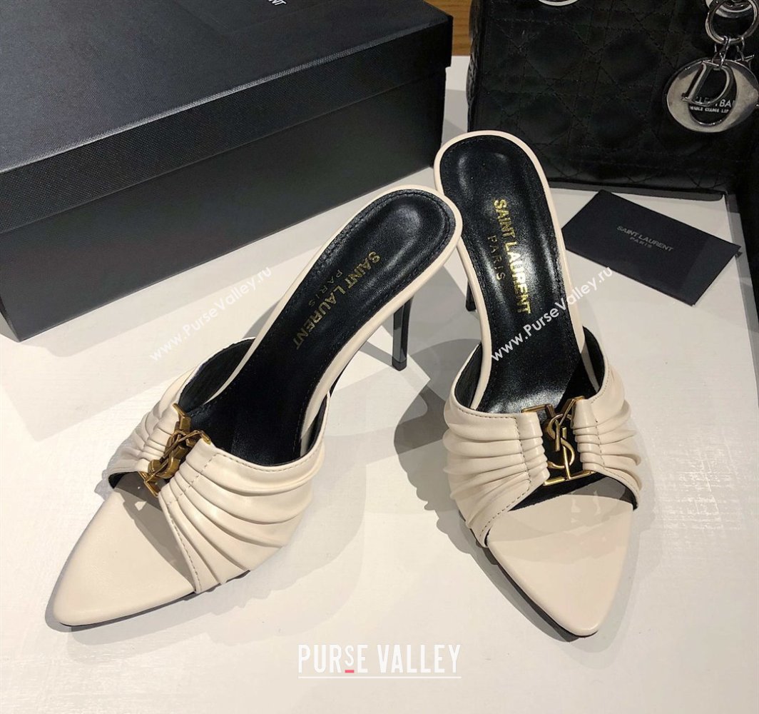 Saint Laurent Babylone Heel Slides Sandal 10.5cm in Calf Leather with Framed YSL Cream White 2025 (MD-250424011)