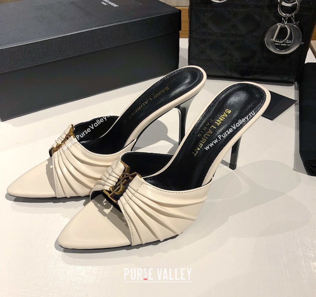 Saint Laurent Babylone Heel Slides Sandal 10.5cm in Calf Leather with Framed YSL Cream White 2025 (MD-250424011)
