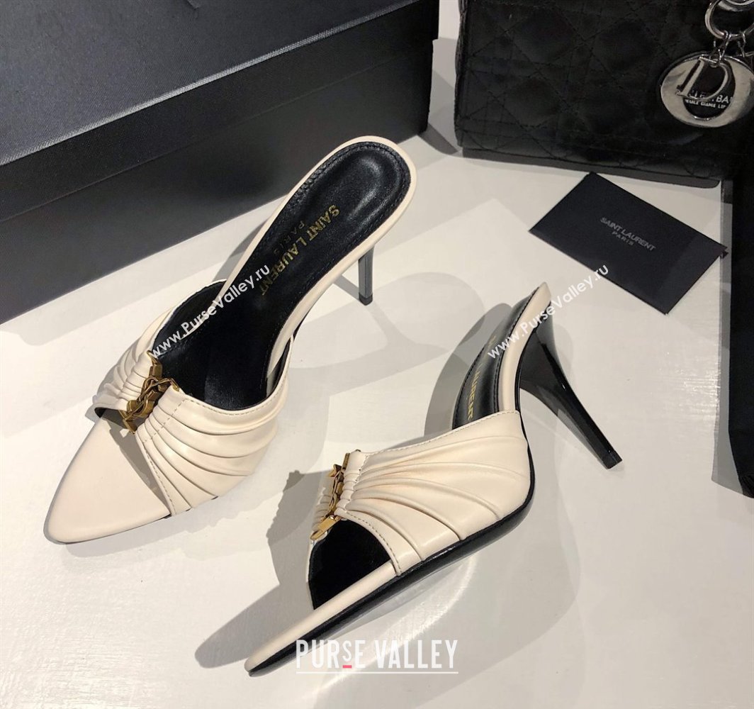 Saint Laurent Babylone Heel Slides Sandal 10.5cm in Calf Leather with Framed YSL Cream White 2025 (MD-250424011)