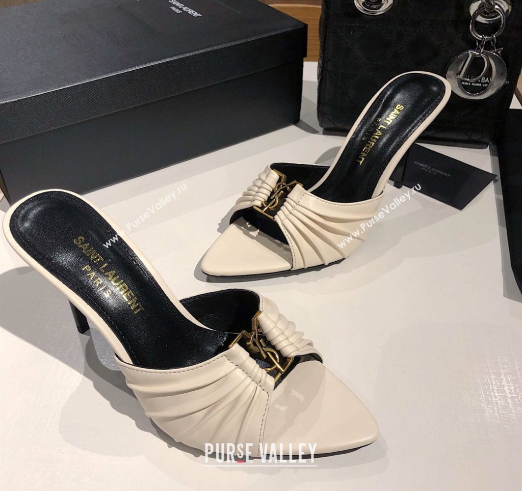 Saint Laurent Babylone Heel Slides Sandal 10.5cm in Calf Leather with Framed YSL Cream White 2025 (MD-250424011)