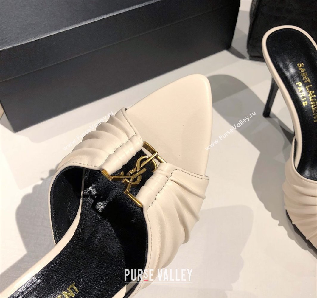 Saint Laurent Babylone Heel Slides Sandal 10.5cm in Calf Leather with Framed YSL Cream White 2025 (MD-250424011)