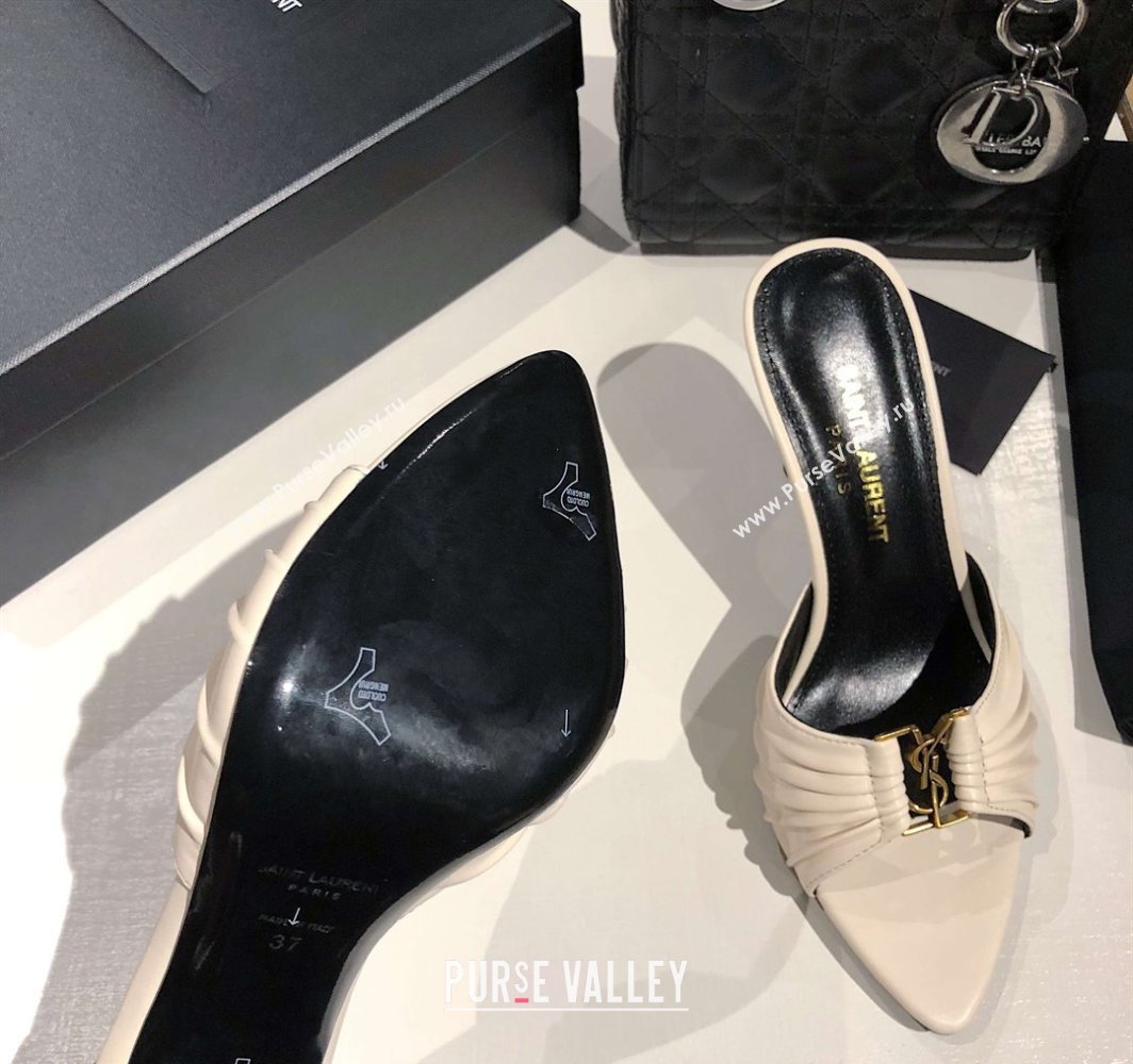 Saint Laurent Babylone Heel Slides Sandal 10.5cm in Calf Leather with Framed YSL Cream White 2025 (MD-250424011)