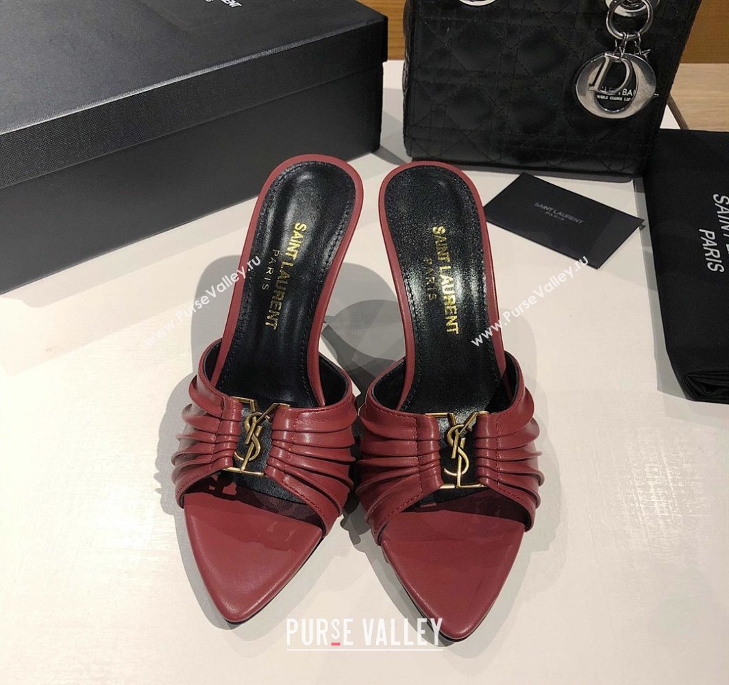 Saint Laurent Babylone Heel Slides Sandal 10.5cm in Calf Leather with Framed YSL Burgundy 2025 (MD-250424012)