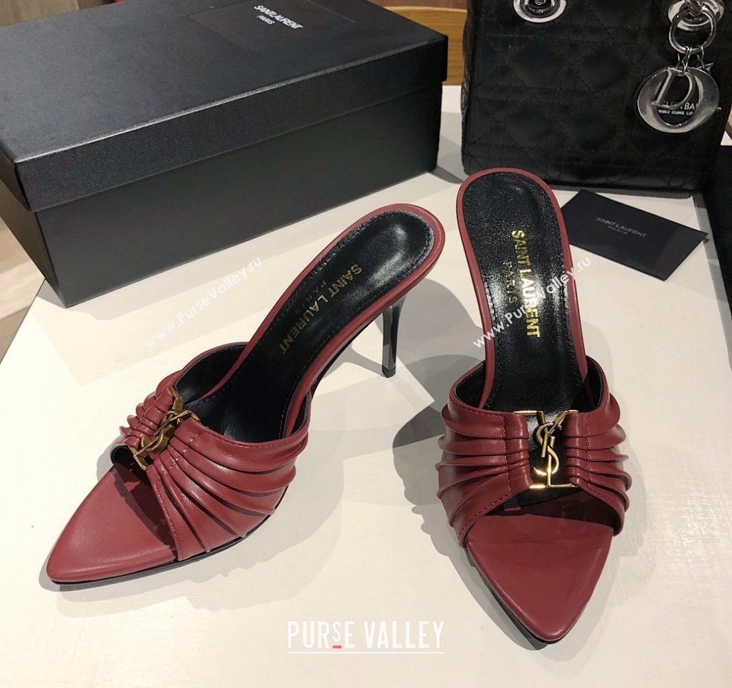 Saint Laurent Babylone Heel Slides Sandal 10.5cm in Calf Leather with Framed YSL Burgundy 2025 (MD-250424012)