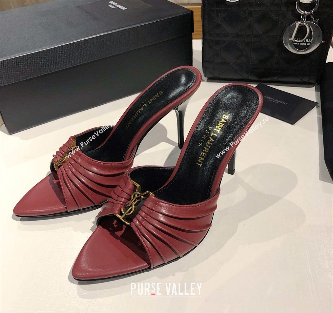 Saint Laurent Babylone Heel Slides Sandal 10.5cm in Calf Leather with Framed YSL Burgundy 2025 (MD-250424012)