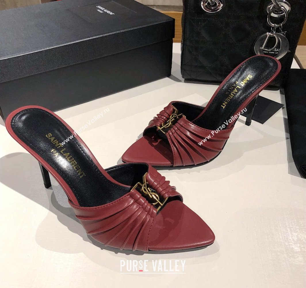 Saint Laurent Babylone Heel Slides Sandal 10.5cm in Calf Leather with Framed YSL Burgundy 2025 (MD-250424012)