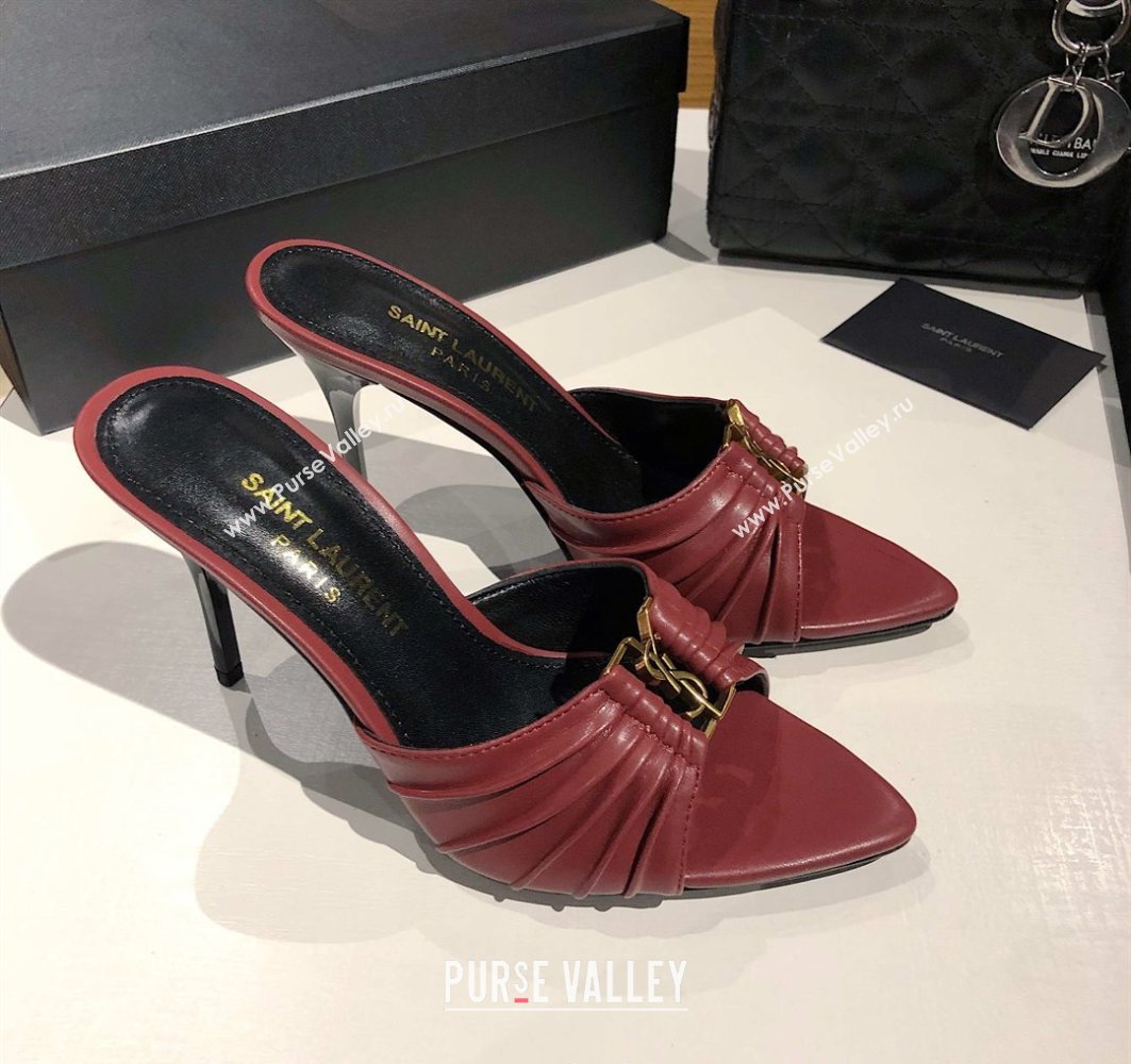 Saint Laurent Babylone Heel Slides Sandal 10.5cm in Calf Leather with Framed YSL Burgundy 2025 (MD-250424012)