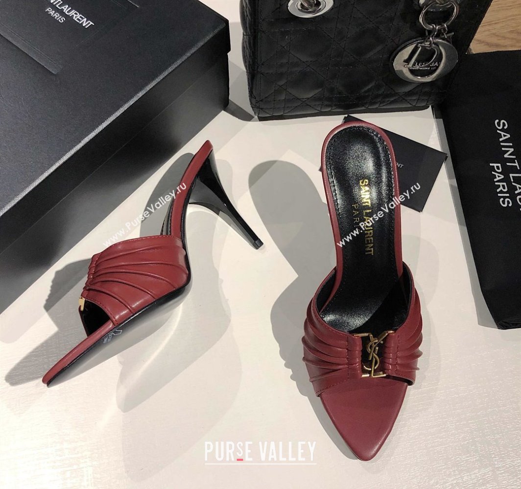 Saint Laurent Babylone Heel Slides Sandal 10.5cm in Calf Leather with Framed YSL Burgundy 2025 (MD-250424012)