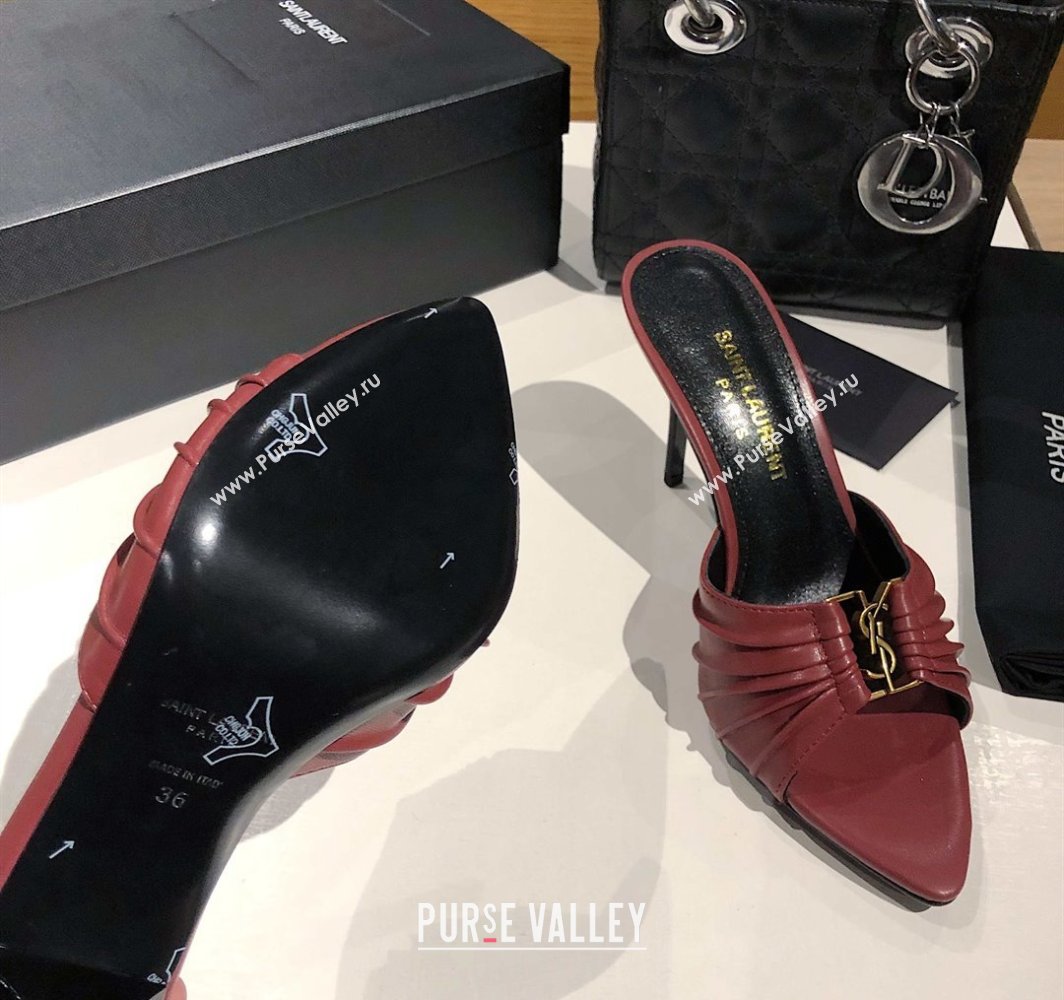 Saint Laurent Babylone Heel Slides Sandal 10.5cm in Calf Leather with Framed YSL Burgundy 2025 (MD-250424012)