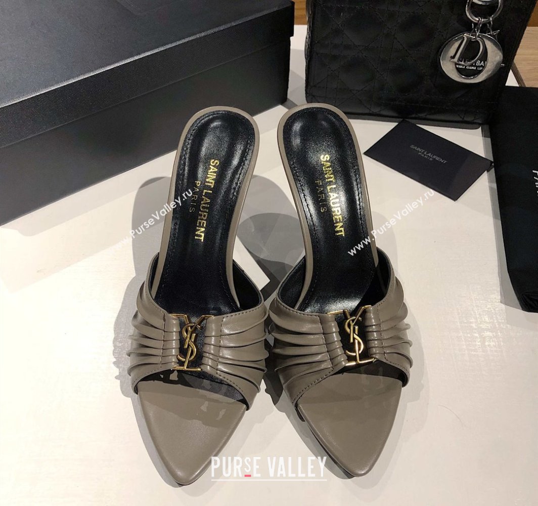 Saint Laurent Babylone Heel Slides Sandal 10.5cm in Calf Leather with Framed YSL Grey 2025 (MD-250424013)