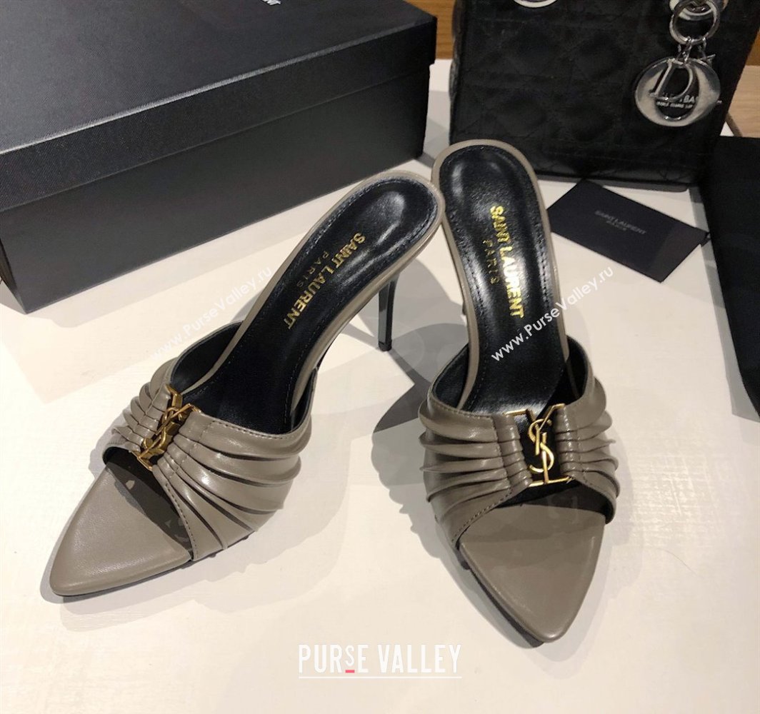 Saint Laurent Babylone Heel Slides Sandal 10.5cm in Calf Leather with Framed YSL Grey 2025 (MD-250424013)