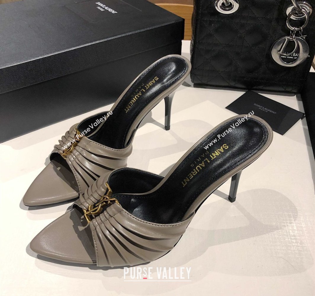 Saint Laurent Babylone Heel Slides Sandal 10.5cm in Calf Leather with Framed YSL Grey 2025 (MD-250424013)