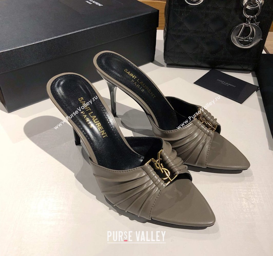 Saint Laurent Babylone Heel Slides Sandal 10.5cm in Calf Leather with Framed YSL Grey 2025 (MD-250424013)
