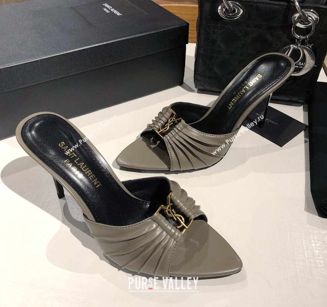 Saint Laurent Babylone Heel Slides Sandal 10.5cm in Calf Leather with Framed YSL Grey 2025 (MD-250424013)