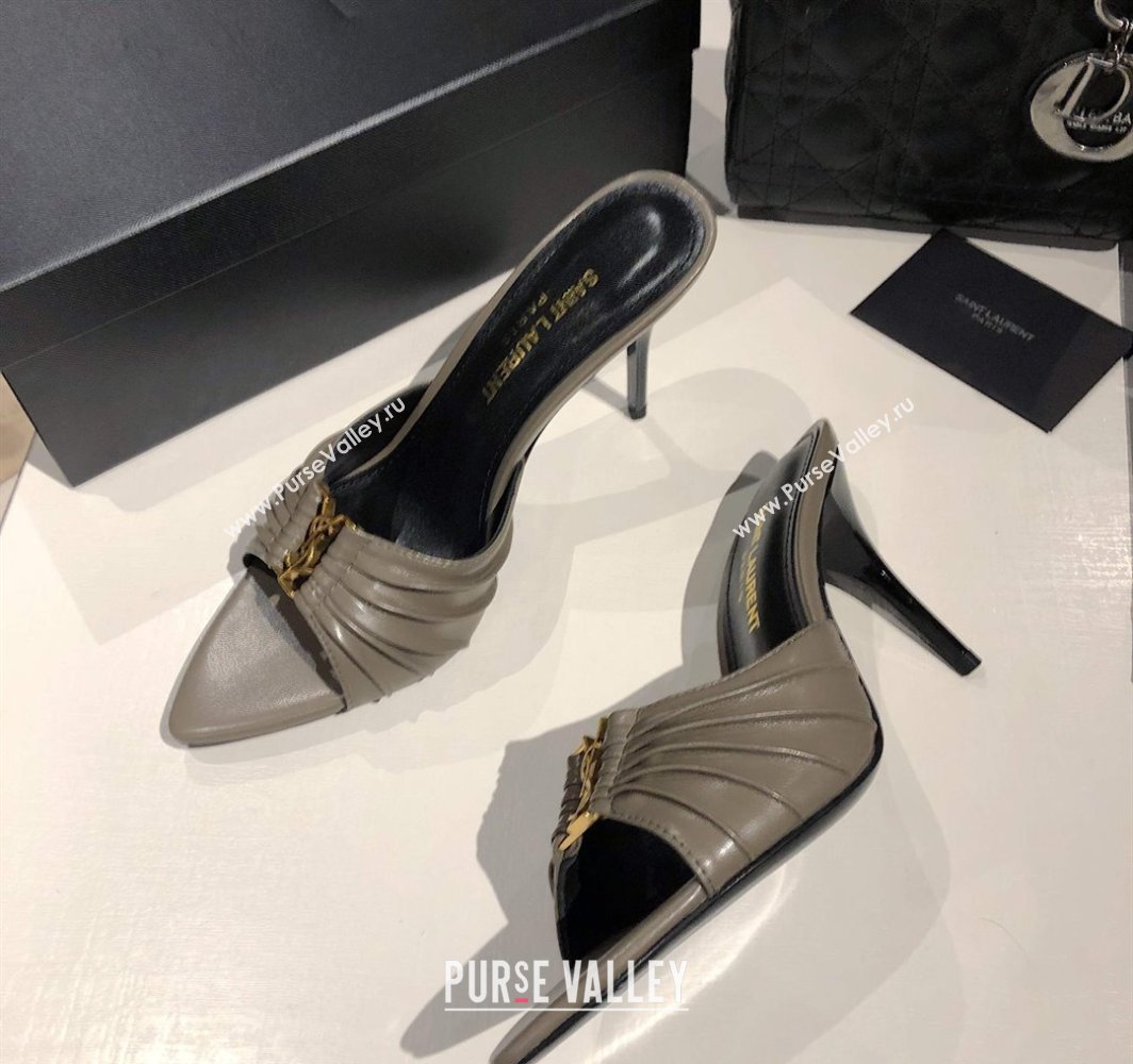 Saint Laurent Babylone Heel Slides Sandal 10.5cm in Calf Leather with Framed YSL Grey 2025 (MD-250424013)