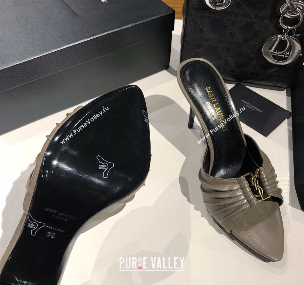 Saint Laurent Babylone Heel Slides Sandal 10.5cm in Calf Leather with Framed YSL Grey 2025 (MD-250424013)