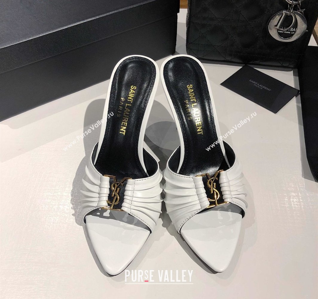 Saint Laurent Babylone Heel Slides Sandal 10.5cm in Calf Leather with Framed YSL Optic White 2025 (MD-250424014)