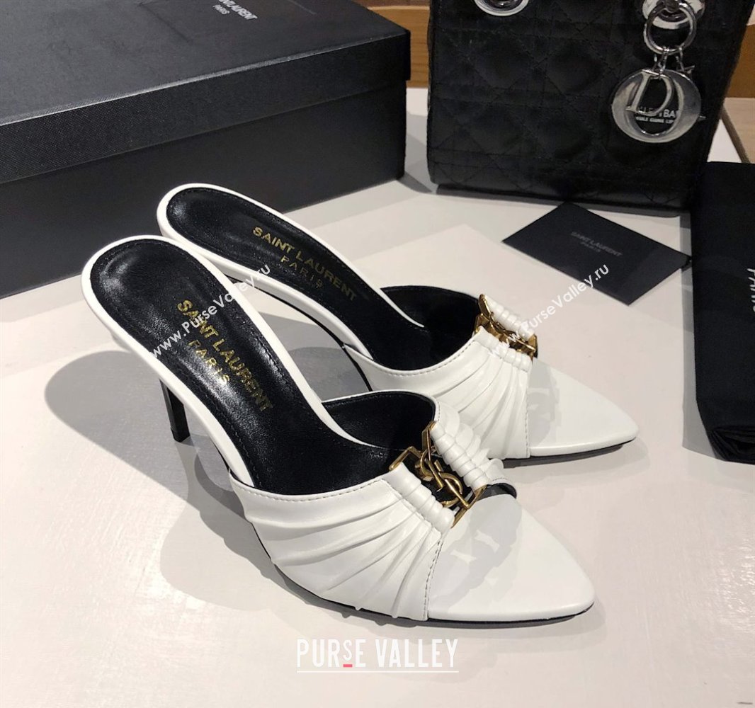 Saint Laurent Babylone Heel Slides Sandal 10.5cm in Calf Leather with Framed YSL Optic White 2025 (MD-250424014)