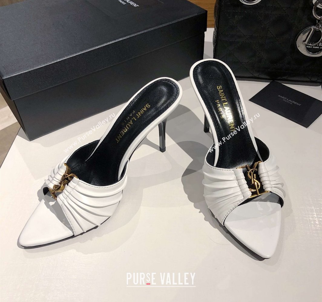 Saint Laurent Babylone Heel Slides Sandal 10.5cm in Calf Leather with Framed YSL Optic White 2025 (MD-250424014)