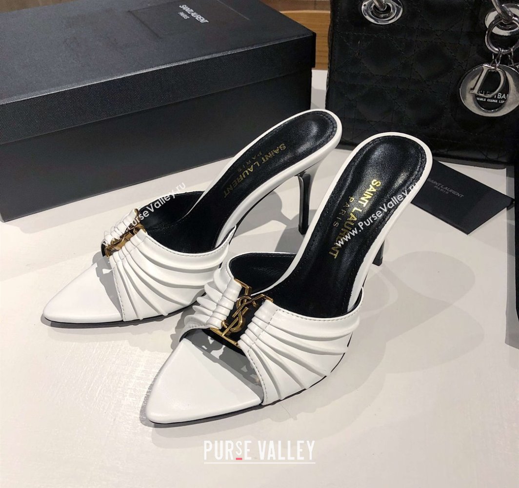 Saint Laurent Babylone Heel Slides Sandal 10.5cm in Calf Leather with Framed YSL Optic White 2025 (MD-250424014)