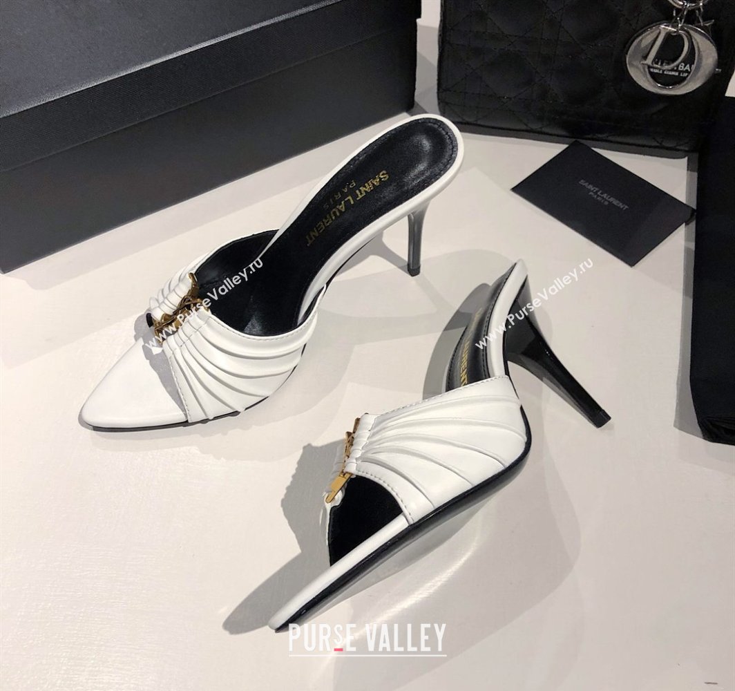Saint Laurent Babylone Heel Slides Sandal 10.5cm in Calf Leather with Framed YSL Optic White 2025 (MD-250424014)