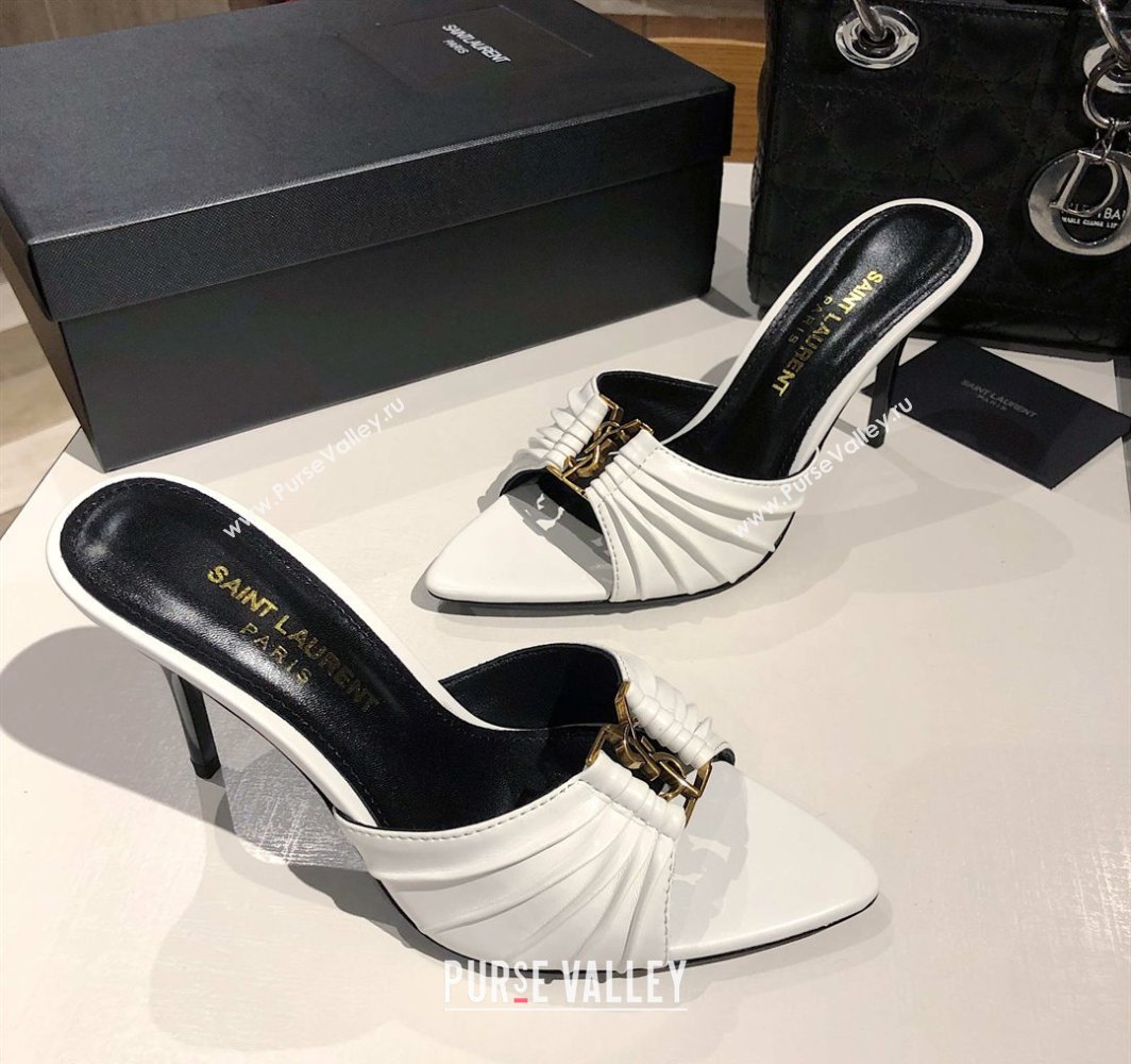Saint Laurent Babylone Heel Slides Sandal 10.5cm in Calf Leather with Framed YSL Optic White 2025 (MD-250424014)