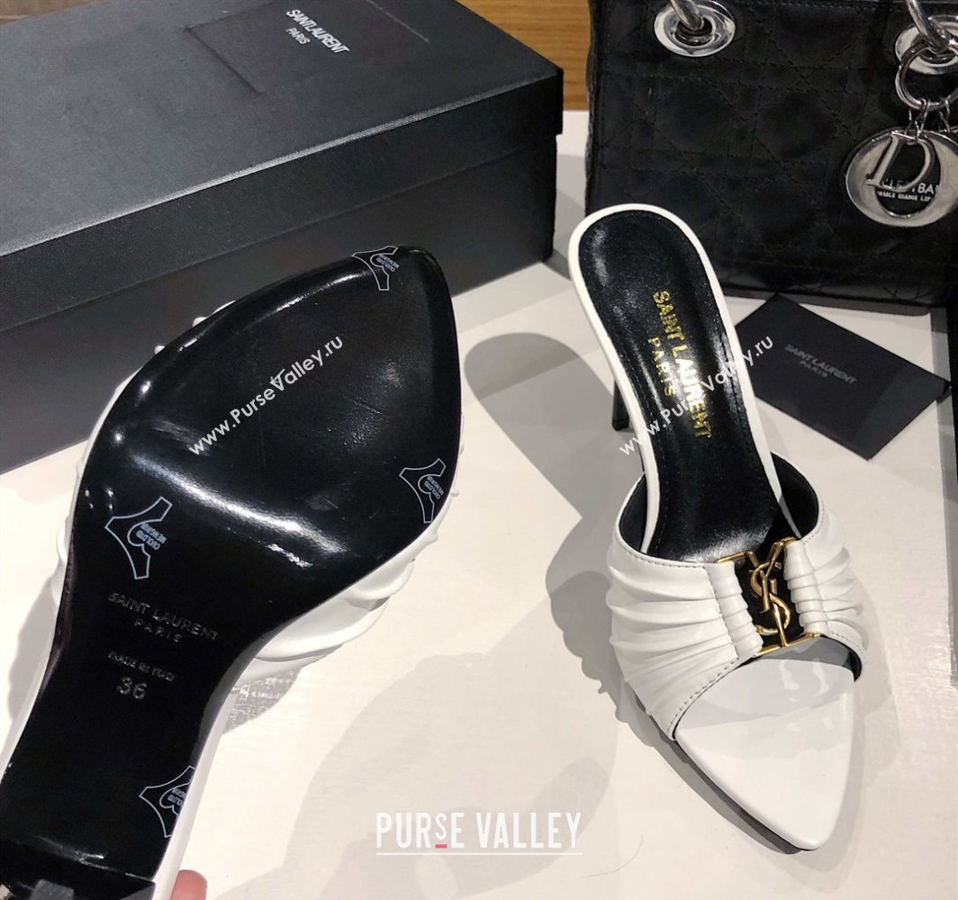 Saint Laurent Babylone Heel Slides Sandal 10.5cm in Calf Leather with Framed YSL Optic White 2025 (MD-250424014)