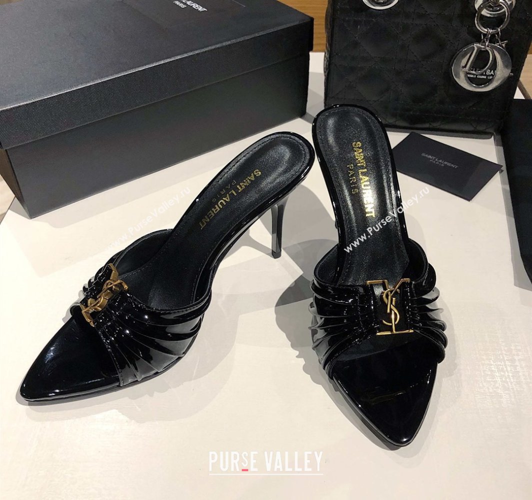 Saint Laurent Babylone Heel Slides Sandal 10.5cm in Patent Leather with Framed YSL Black 2025 (MD-250424015)