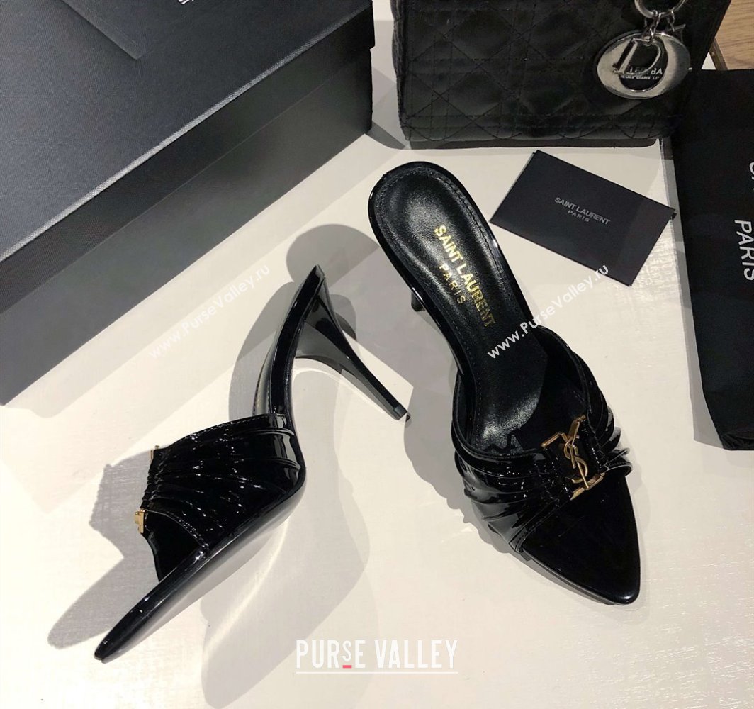Saint Laurent Babylone Heel Slides Sandal 10.5cm in Patent Leather with Framed YSL Black 2025 (MD-250424015)