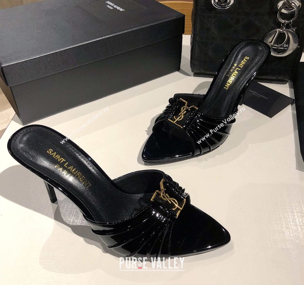 Saint Laurent Babylone Heel Slides Sandal 10.5cm in Patent Leather with Framed YSL Black 2025 (MD-250424015)