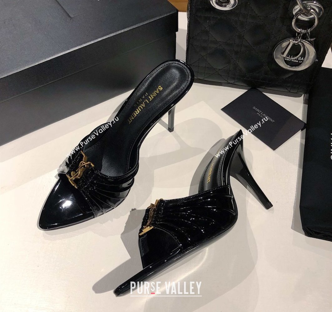 Saint Laurent Babylone Heel Slides Sandal 10.5cm in Patent Leather with Framed YSL Black 2025 (MD-250424015)