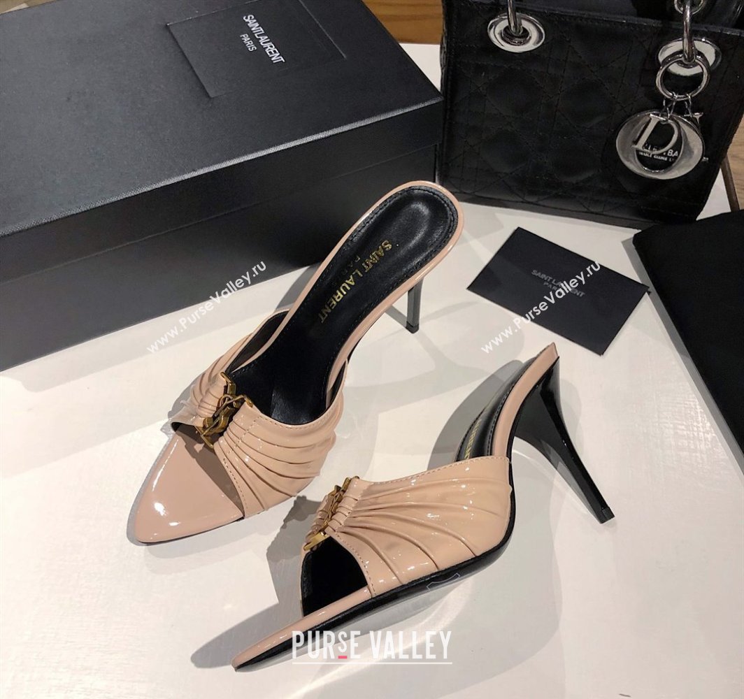 Saint Laurent Babylone Heel Slides Sandal 10.5cm in Patent Leather with Framed YSL Nude 2025 (MD-250424017)