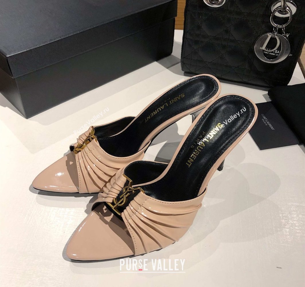 Saint Laurent Babylone Heel Slides Sandal 10.5cm in Patent Leather with Framed YSL Nude 2025 (MD-250424017)