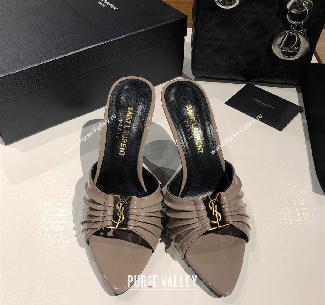 Saint Laurent Babylone Heel Slides Sandal 10.5cm in Patent Leather with Framed YSL Grey 2025 (MD-250424018)