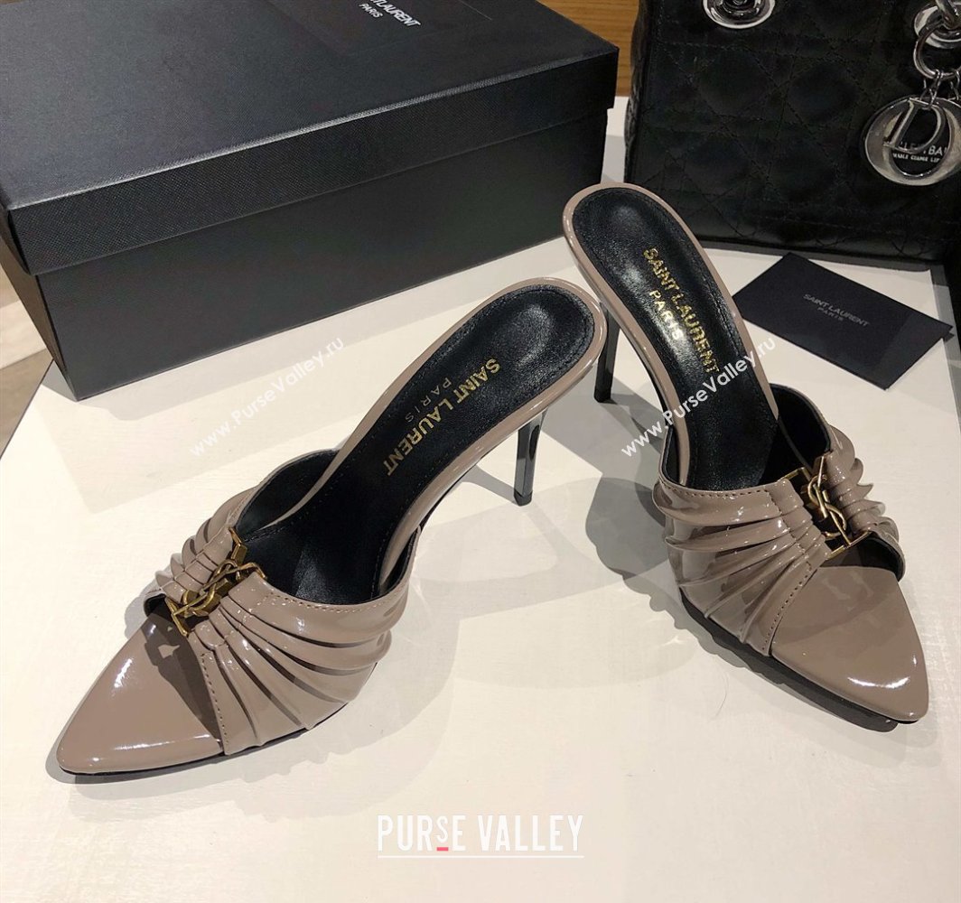 Saint Laurent Babylone Heel Slides Sandal 10.5cm in Patent Leather with Framed YSL Grey 2025 (MD-250424018)