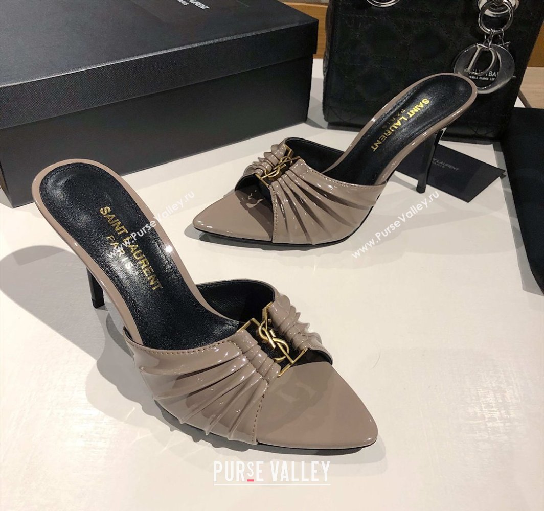 Saint Laurent Babylone Heel Slides Sandal 10.5cm in Patent Leather with Framed YSL Grey 2025 (MD-250424018)