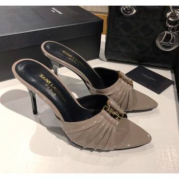 Saint Laurent Babylone Heel Slides Sandal 10.5cm in Patent Leather with Framed YSL Grey 2025 (MD-250424018)