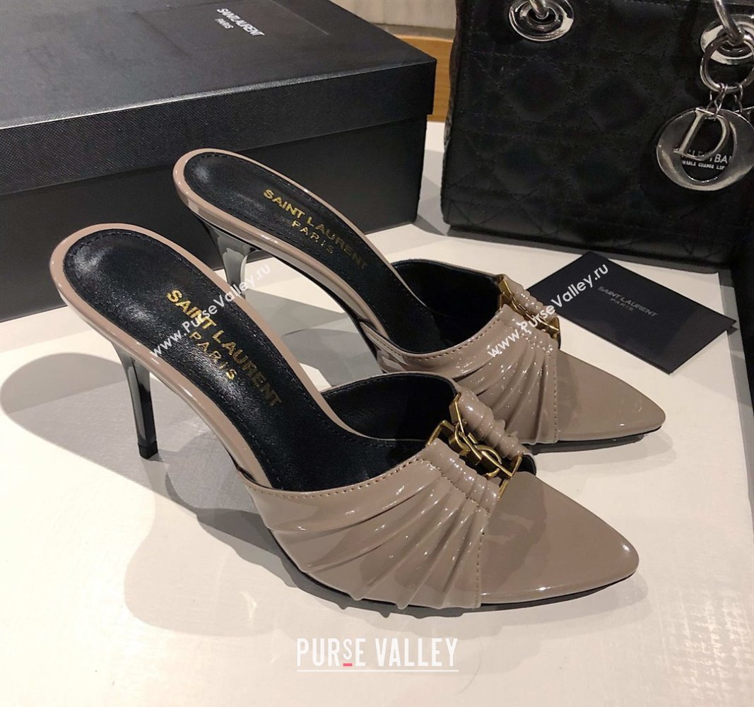 Saint Laurent Babylone Heel Slides Sandal 10.5cm in Patent Leather with Framed YSL Grey 2025 (MD-250424018)
