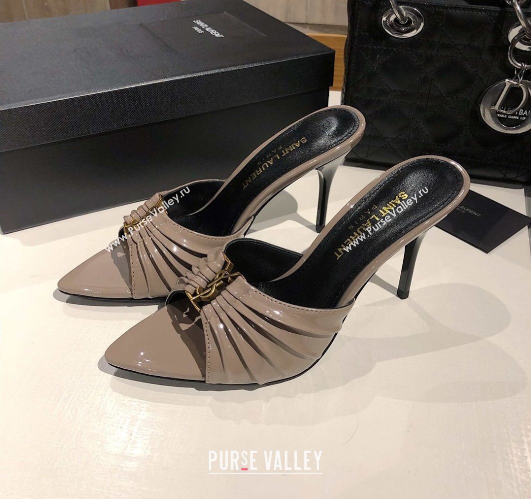 Saint Laurent Babylone Heel Slides Sandal 10.5cm in Patent Leather with Framed YSL Grey 2025 (MD-250424018)
